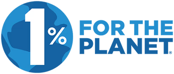 The logo for 1% For The Planet, featuring a blue circular globe graphic with a large white '1%' and blue text reading 'FOR THE PLANET' on a white background.
